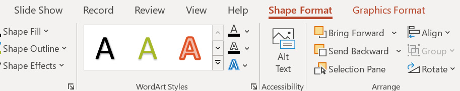 Figure 6.16 – The Graphics Format tab appears next to the Shape Format tab when inserting a picture
