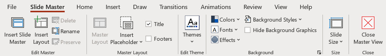 Figure 7.35 – Slide Master tab showing options within PowerPoint 2021
