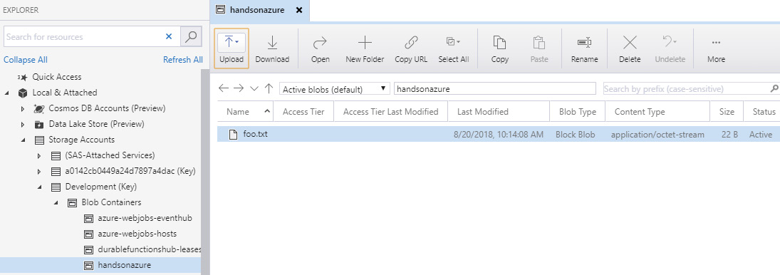 Figure 12.13 – Uploaded blob visible in Azure Storage Explorer
