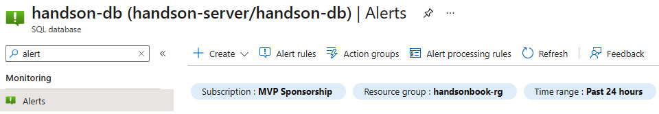 Figure 17.31 – Alerts blade for Azure SQL
