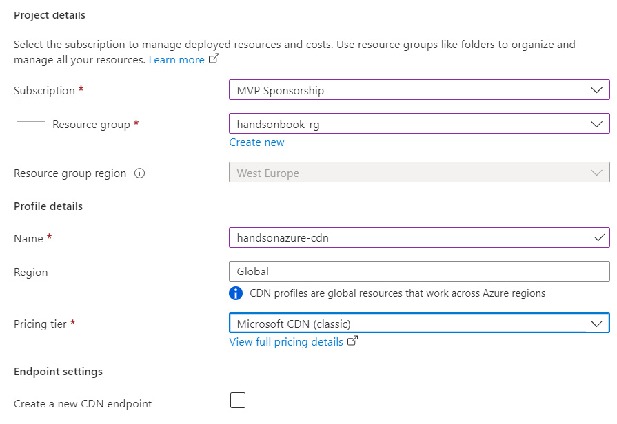 Figure 20.5 – Creating an Azure CDN in the Azure portal
