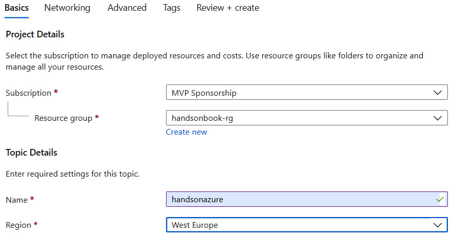 Figure 11.6 – Creating a topic in the Azure Portal
