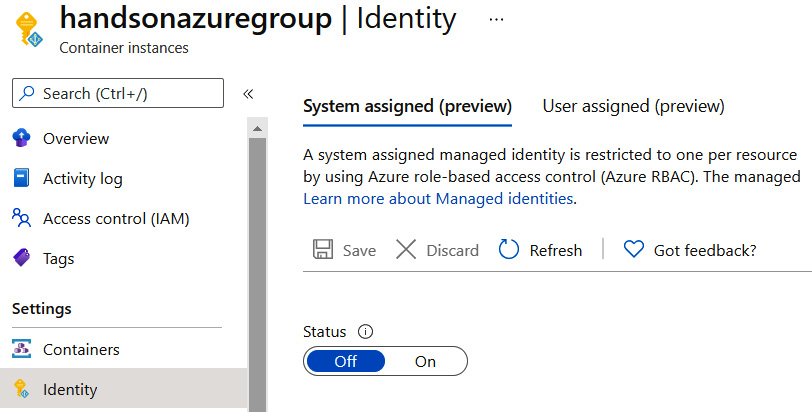 Figure 4.14 – Identity configuration in Container Instances
