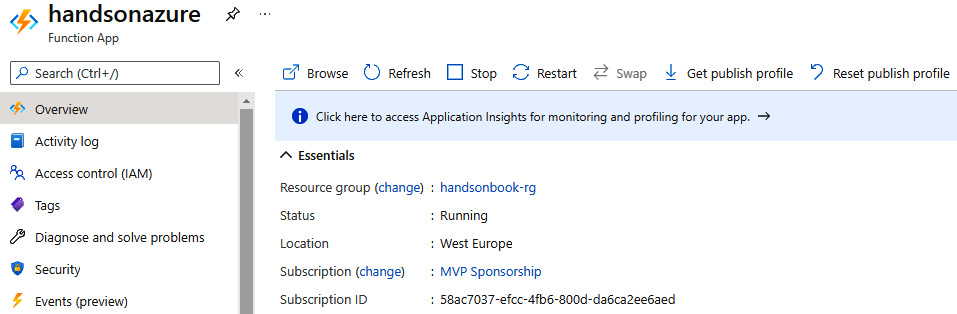 Figure 7.14 – The overview tab of Azure Functions
