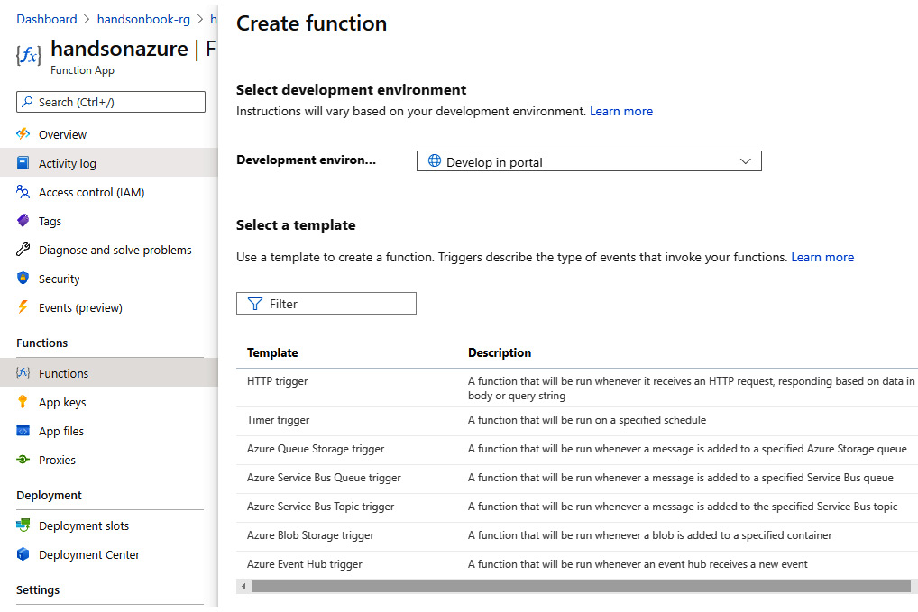 Figure 7.15 – Creating a function from the Azure portal
