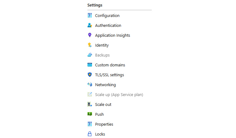 Figure 7.18 – The Settings section of Azure Functions
