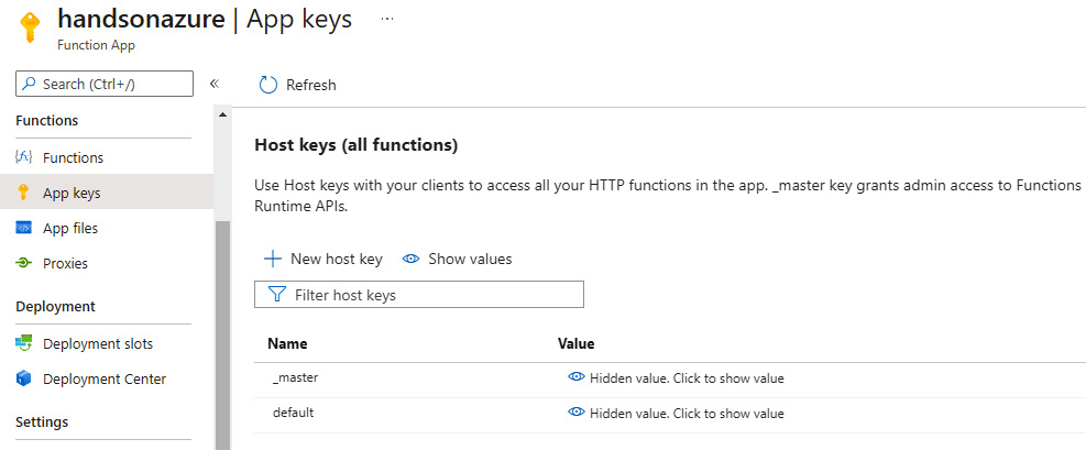 Figure 7.20 – The App keys blade containing host keys for the functions
