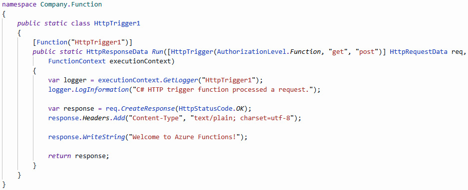 Figure 7.3 – The boilerplate Azure function triggered by an HTTP request
