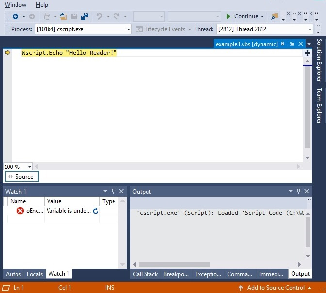 Figure 10.7 – Debugging the VBScript ﬁle in Visual Studio
