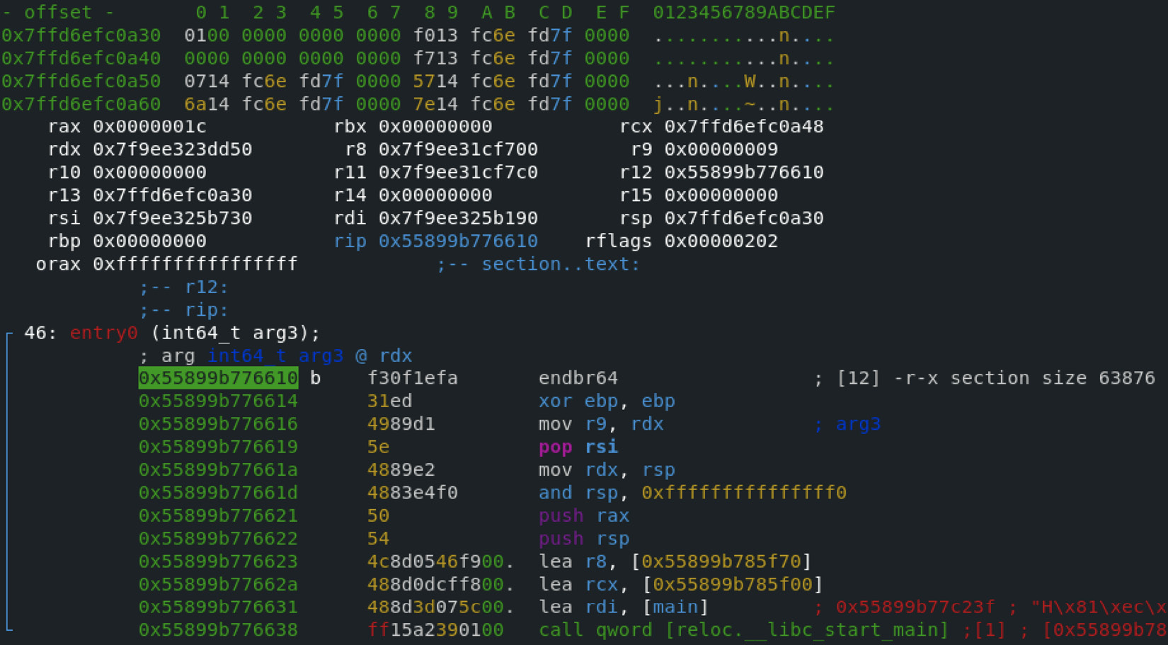 Figure 11.16 – Staying at the entry point of malware in radare2 using its visual mode
