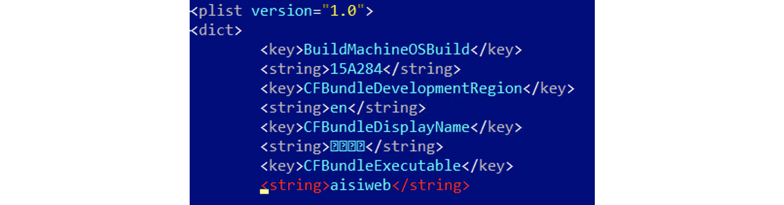 Figure 12.6 – A CFBundleExecutable field in the Info.plist file of an AceDeceiver threat
