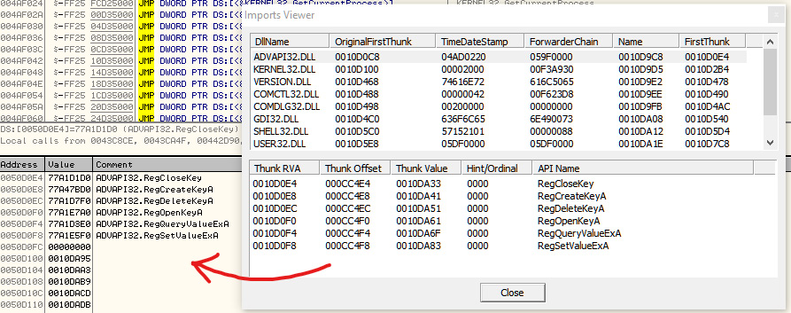 Figure 4.21 – The import table before and after PE loading
