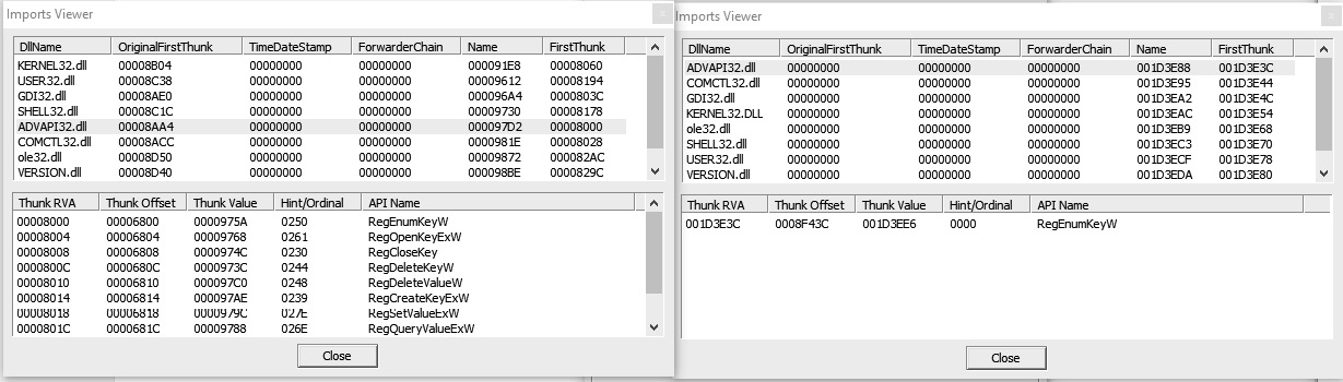 Figure 4.4 – The import table of an unpacked sample versus a packed sample with UPX
