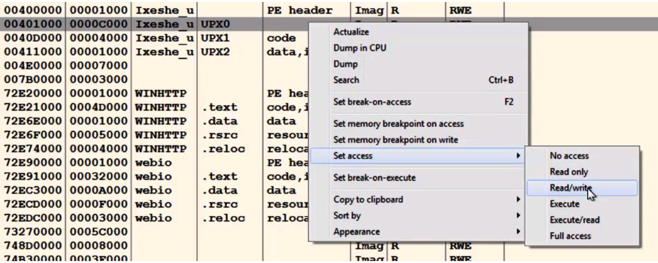 Figure 4.7 – Changing memory permissions in OllyDbg
