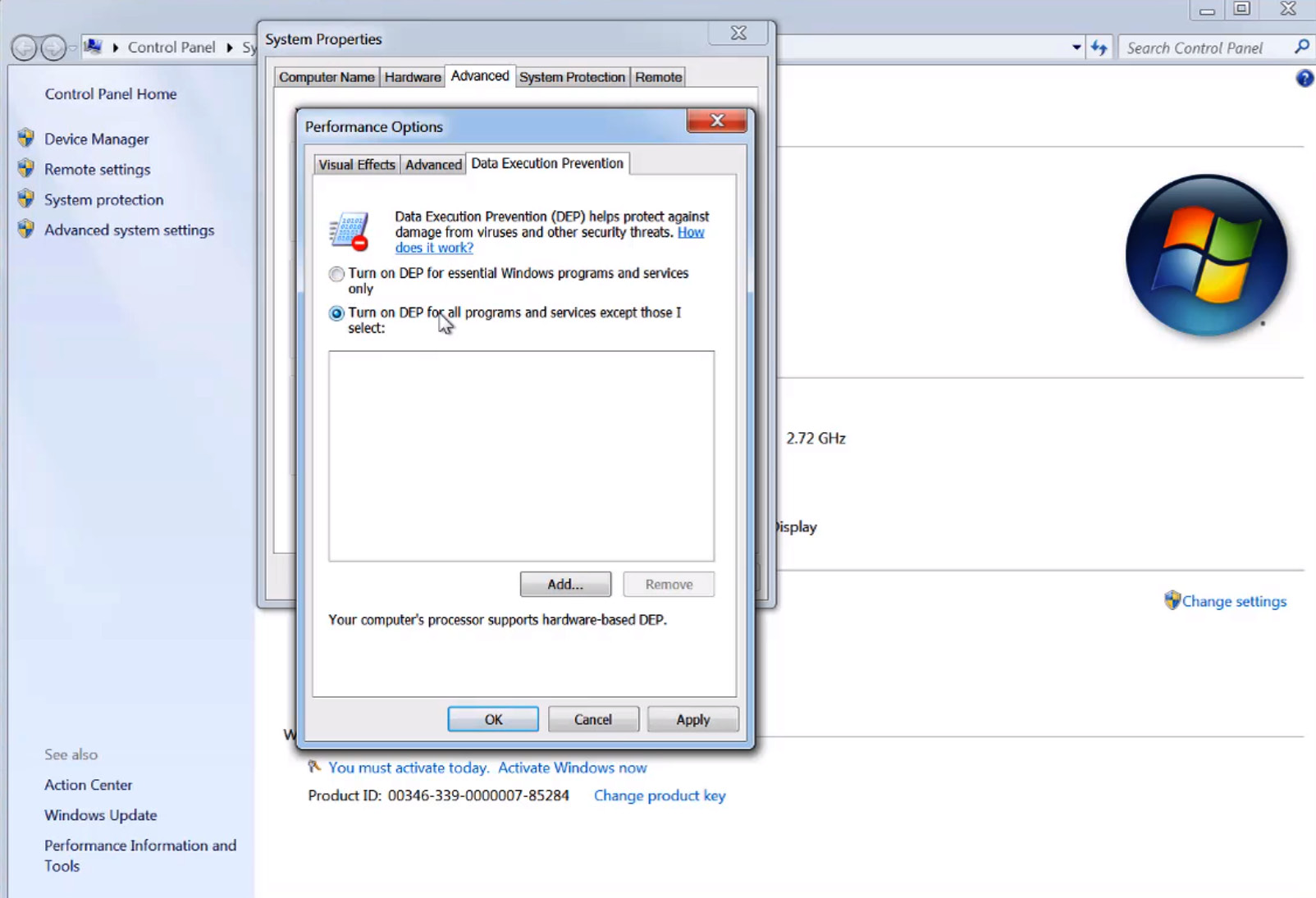 Figure 4.8 – Changing the DEP settings on Windows
