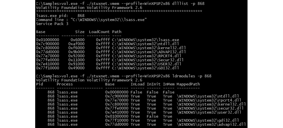 Figure 5.14 – lsass.exe at the 0x01000000 address is not linked to its PE ﬁle in ldrmodules
