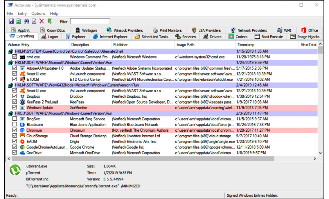 Figure 5.2 – The Autoruns application in the Sysinternals Suite
