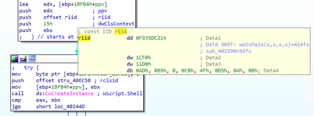 Figure 6.17 – Creating an instance of the Wscript.Shell object by its IID, F935DC21-1CF0-11d0-ADB9-00C04FD58A0B
