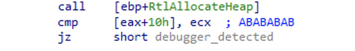 Figure 6.1 – Detecting the presence of the debugger because of heap tail checking
