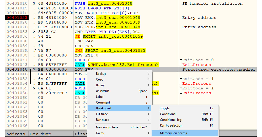 Figure 6.4 – A breakpoint on memory access for the code section to detect an INT3 scanning/checksum calculating loop
