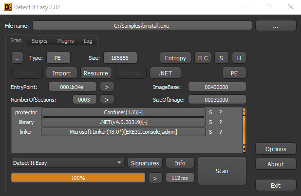 Figure 9.12 – Detect it Easy detecting the obfuscator (ConfuserEx) used to protect against malware
