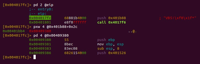 Figure 9.22 – Finding the SubMain address for the VB sample in radare2
