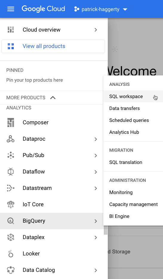 Figure 1.3 – Finding BigQuery in the Navigation menu
