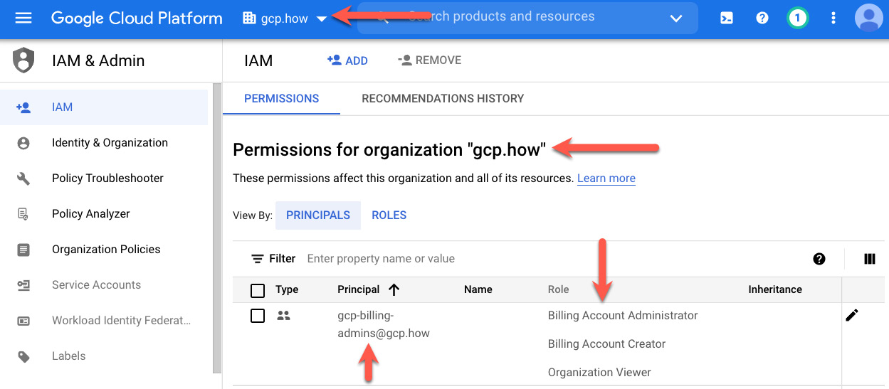 Figure 3.4 – The IAM page showing gcp-billing-admins and roles
