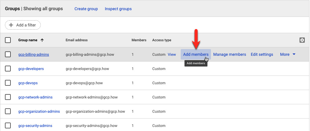 Figure 3.6 – Adding members to the gcp-billing-admins group
