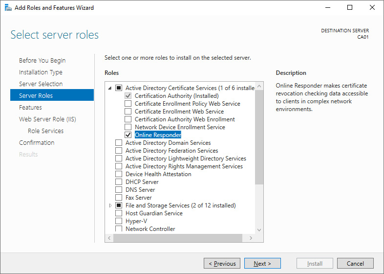 Figure 12.5 – The Online Responder role service selected on the Select server roles screen
