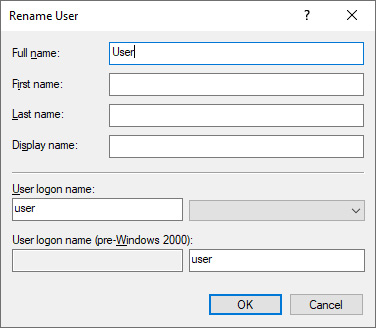 Figure 6.11 – Renaming a user in Active Directory Users and Computers
