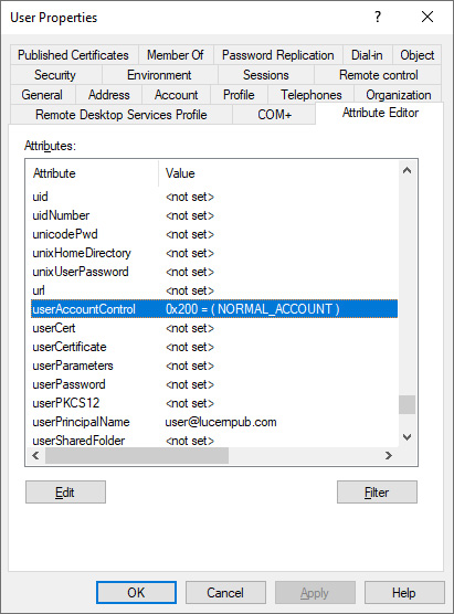 Figure 6.15 – userAccountControl attribute for a user object in Active Directory Users and Computers
