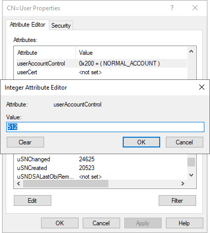 Figure 6.17 – Editing a user object's userAccountControl attribute in ADSI Edit
