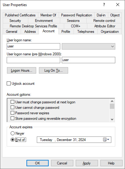 Figure 6.18 – Configuring account expiration in Active Directory Users and Computers
