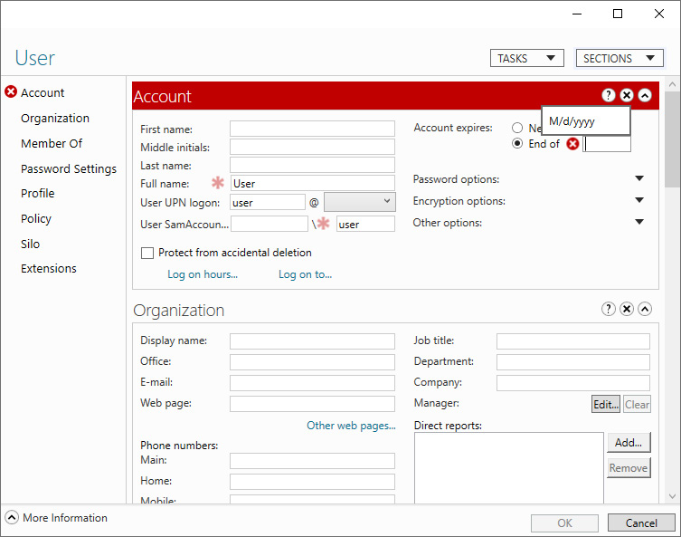 Figure 6.19 – Configuring account expiration in the Active Directory Administrative Center
