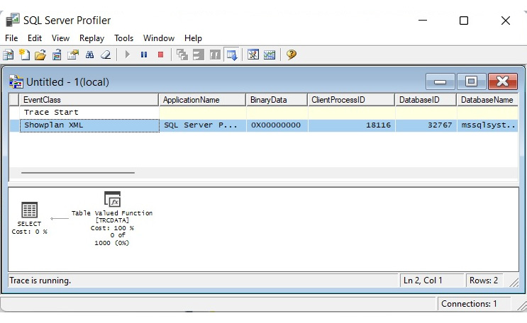 Figure 1.17 – A trace in Profiler showing the Showplan XML event
