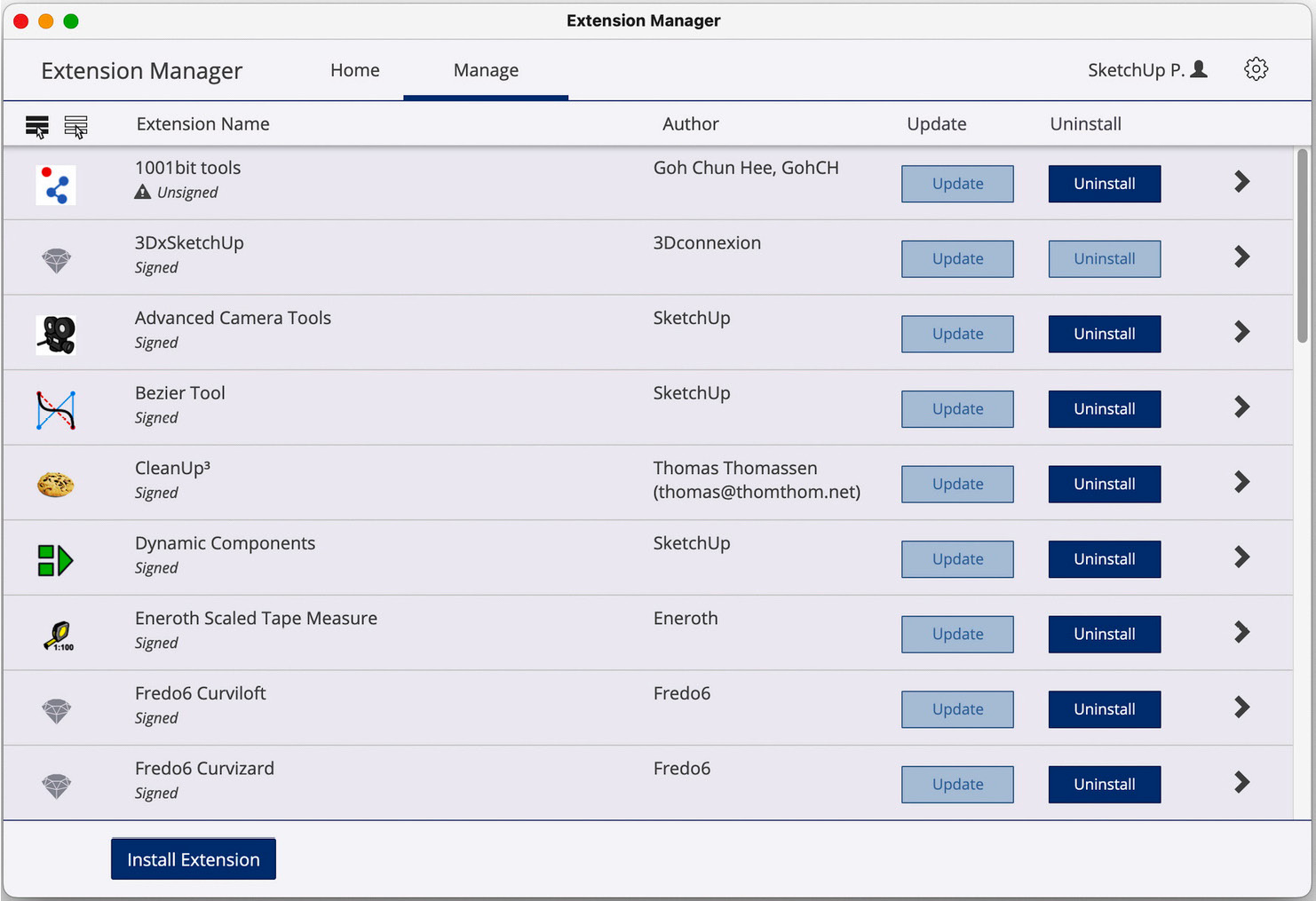 Figure 12.19 – The Manage tab in the Extension Manager window
