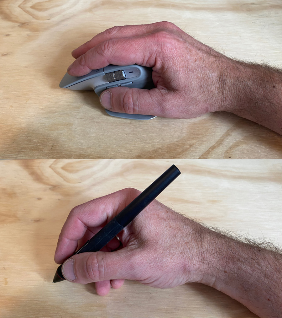 Figure 10.12 – Natural mouse hand versus natural graphic tablet pen hand
