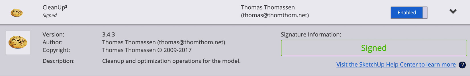 Figure 12.18 – Extension information for Thomthom’s CleanUp3
