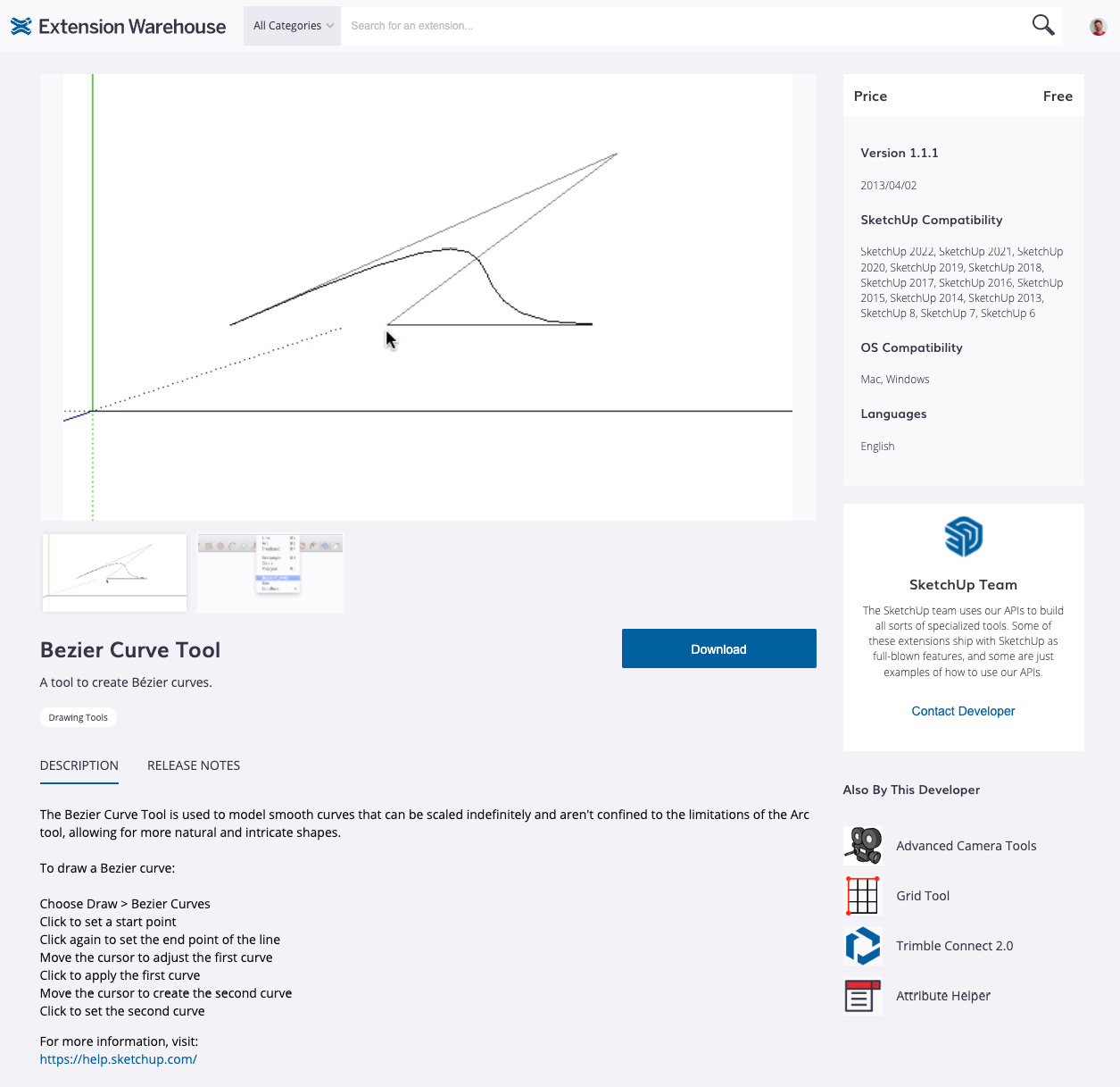 Figure 12.8 – Bezier Curve Tool page on Extension Warehouse
