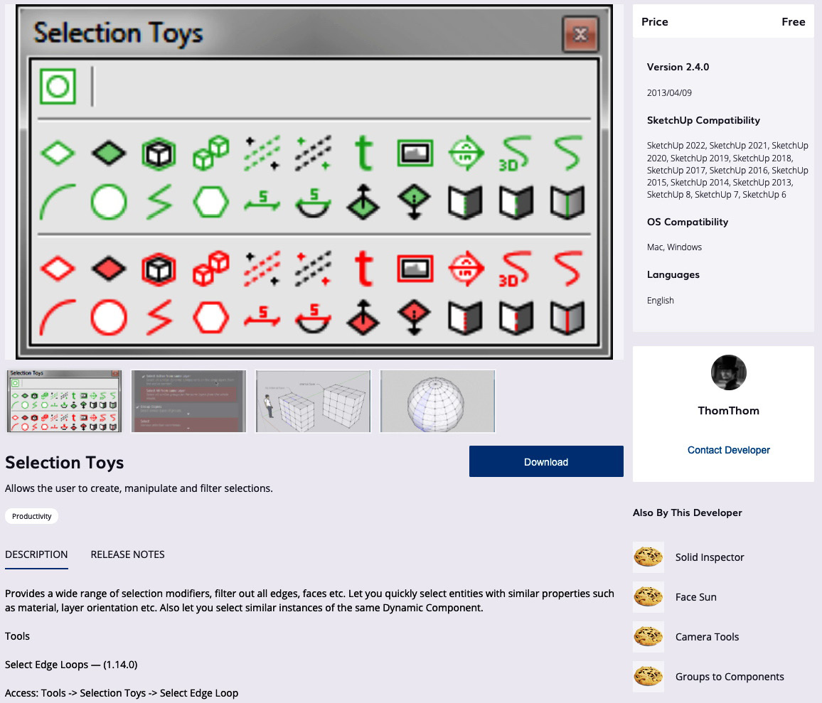 Figure 13.1 – Selection Toys version 2.4.0, as seen in Extension Warehouse
