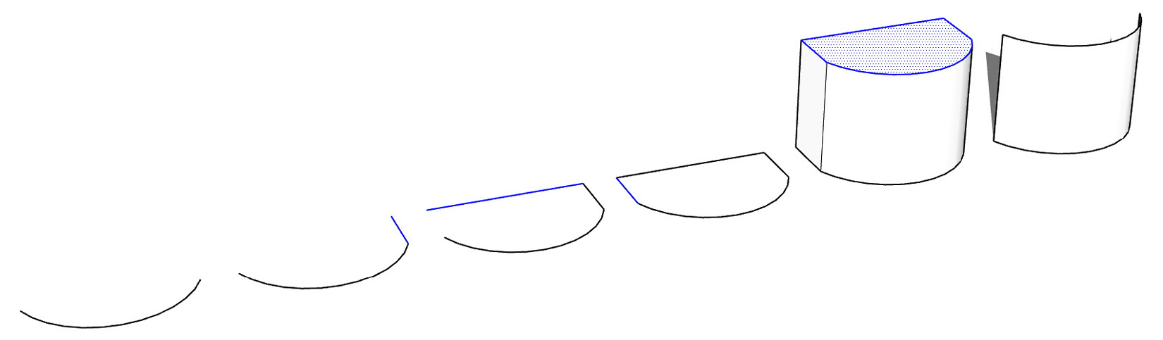 Figure 13.22 – Six steps to pull a 2D arc into a curved surface
