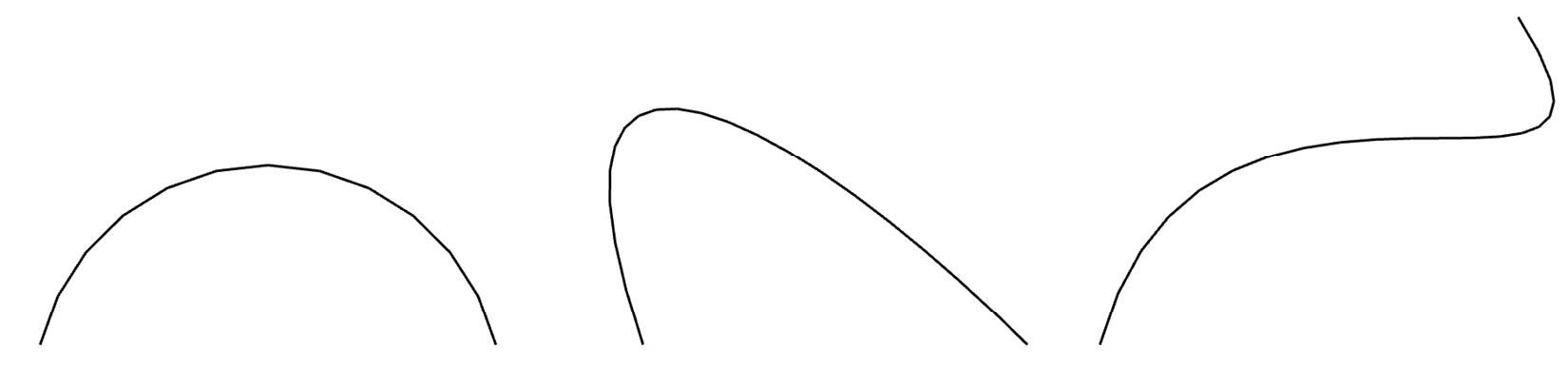 Figure 13.5 – The curve on the left is a standard arc, while the two on the right are Bezier curves
