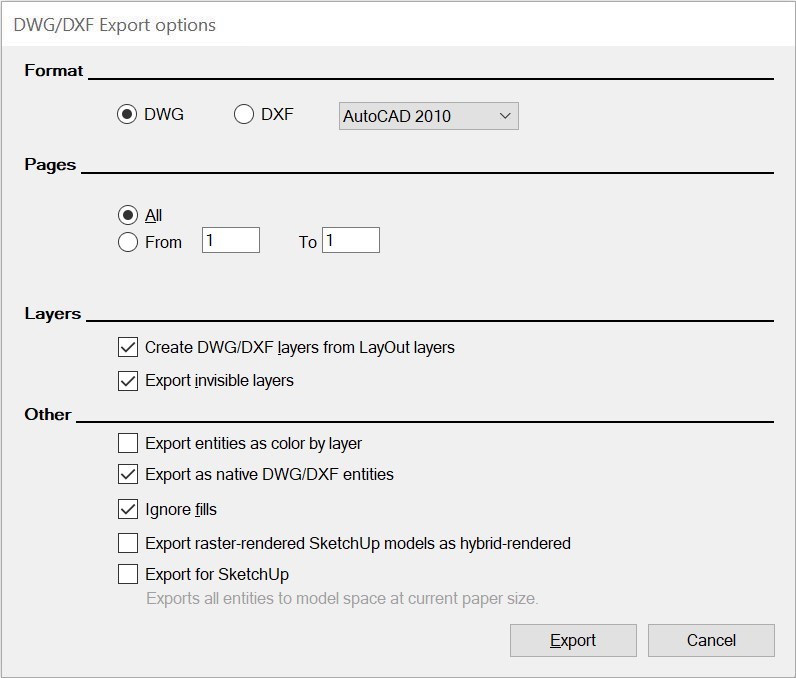 Figure 14.29 – The DWG/DXF Export options window on Windows
