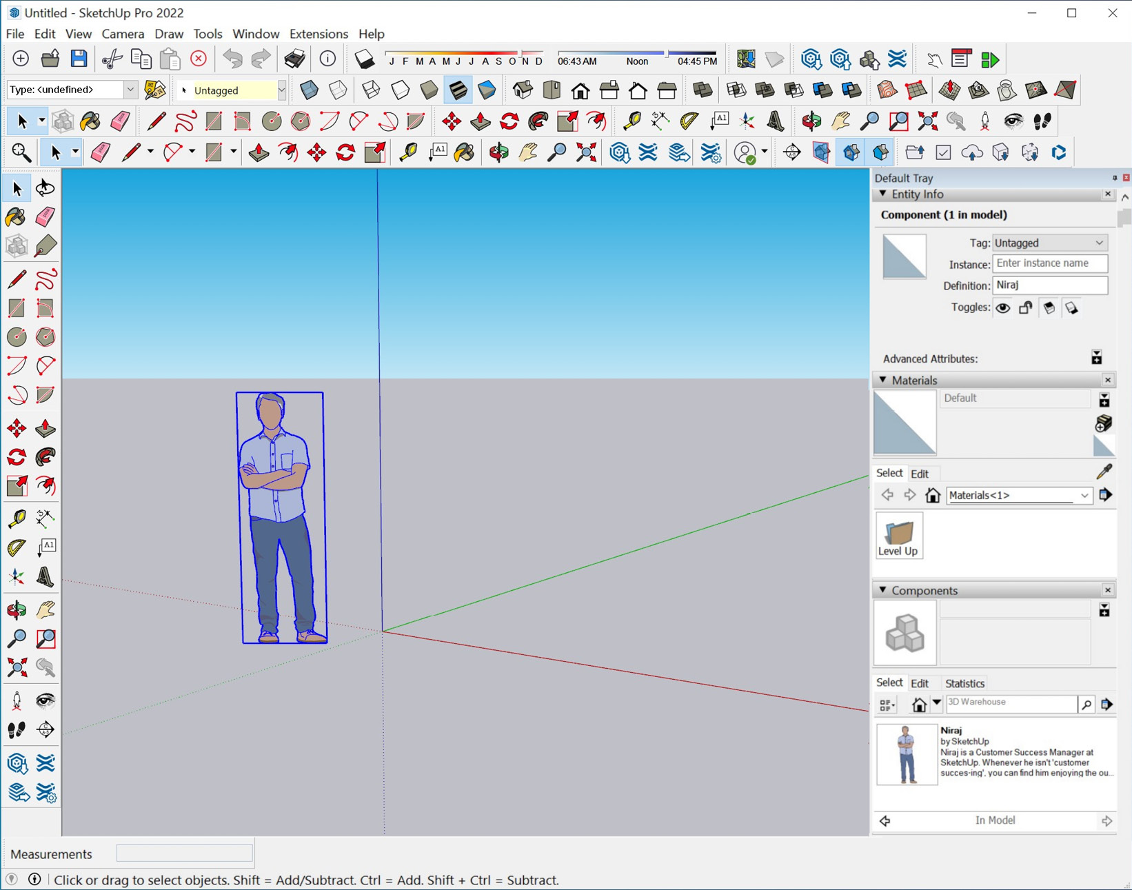 Figure 7.1 – SketchUp for Windows with every native toolbar enabled (and Default Tray pinned)
