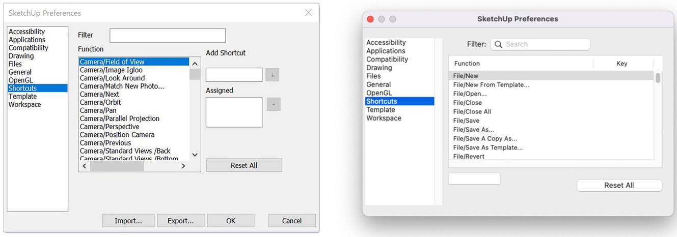 Figure 7.5 – The Windows shortcuts (left) and the macOS shortcuts (right)
