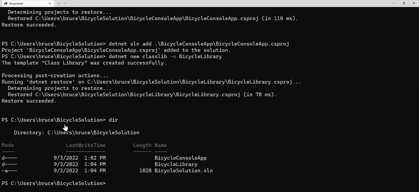 Figure A1.29: The project structure after creating the solution, the console app, and the library project.
