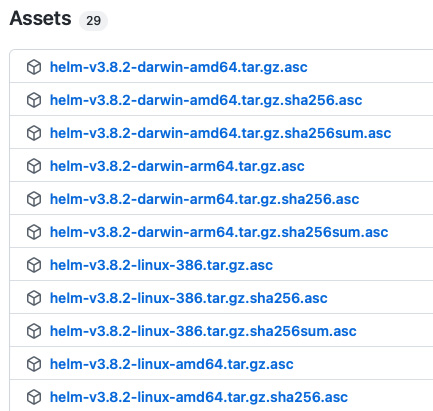 Figure 12.2 – The Assets section of Helm’s GitHub releases page
