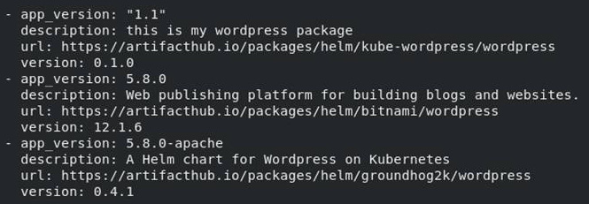 Figure 3.2 – The output for the helm search hub wordpress --output yaml command
